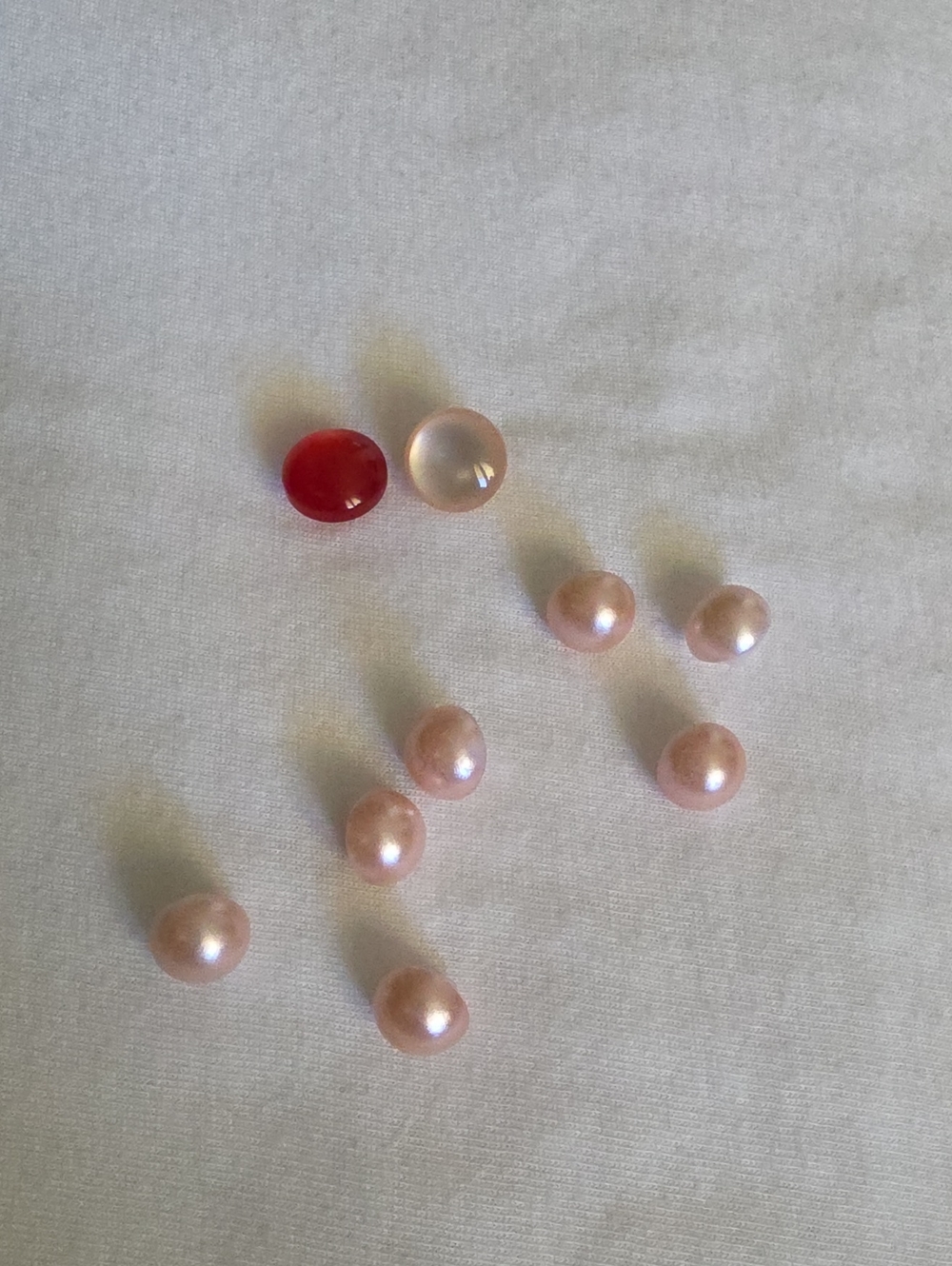 Loose Round Pearlescent Button  and Single Red Bead